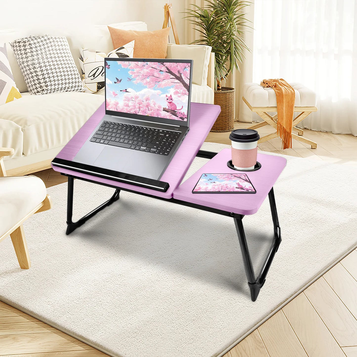 Laptop Bed Tray Table, Foldable Lap Desk for Bed and Sofa, Laptop Desk Notebook Stand for Eating Breakfast, Reading,Pink