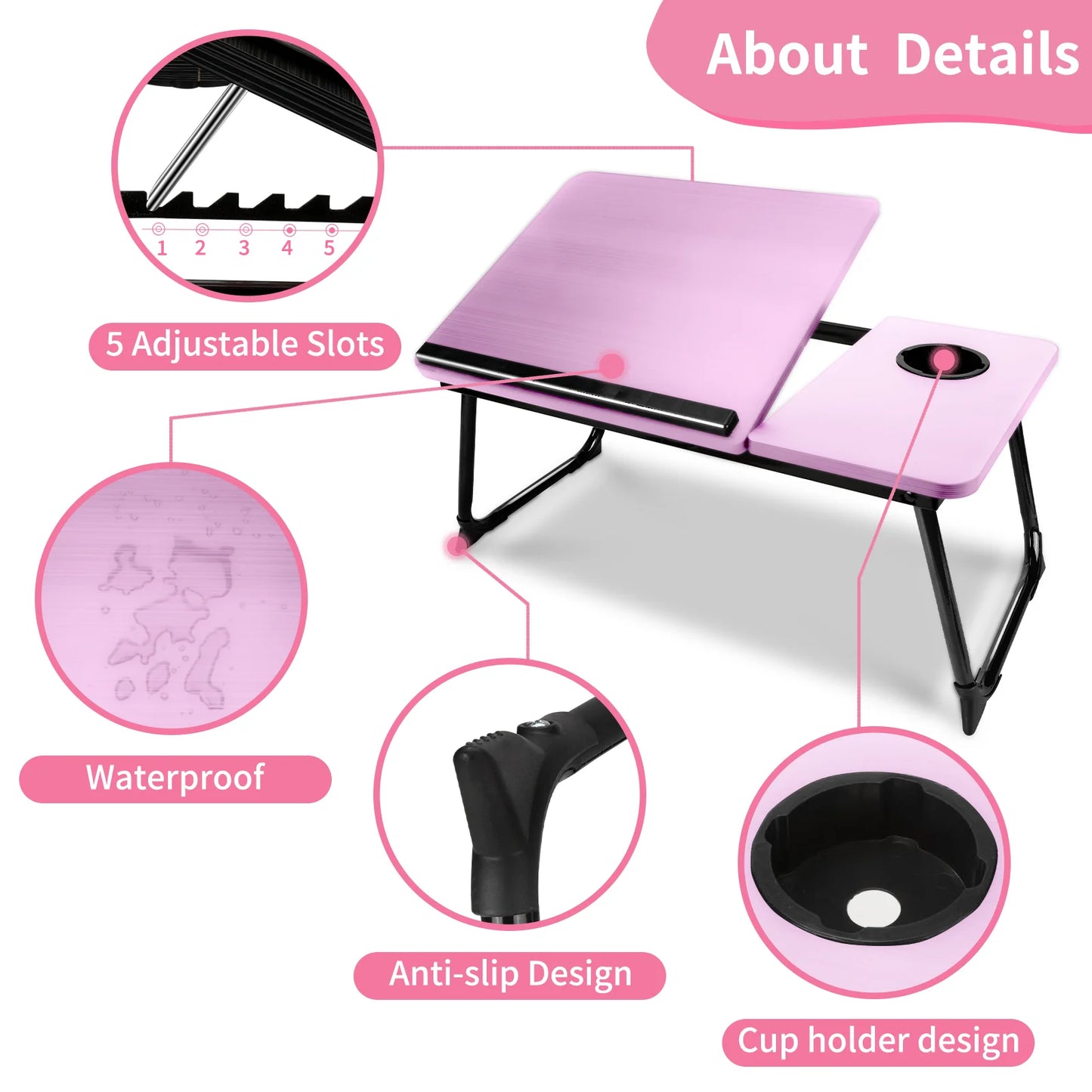 Laptop Bed Tray Table,  Foldable Lap Desk for Bed and Sofa, Laptop Desk Notebook Stand for Eating Breakfast, Reading,Pink