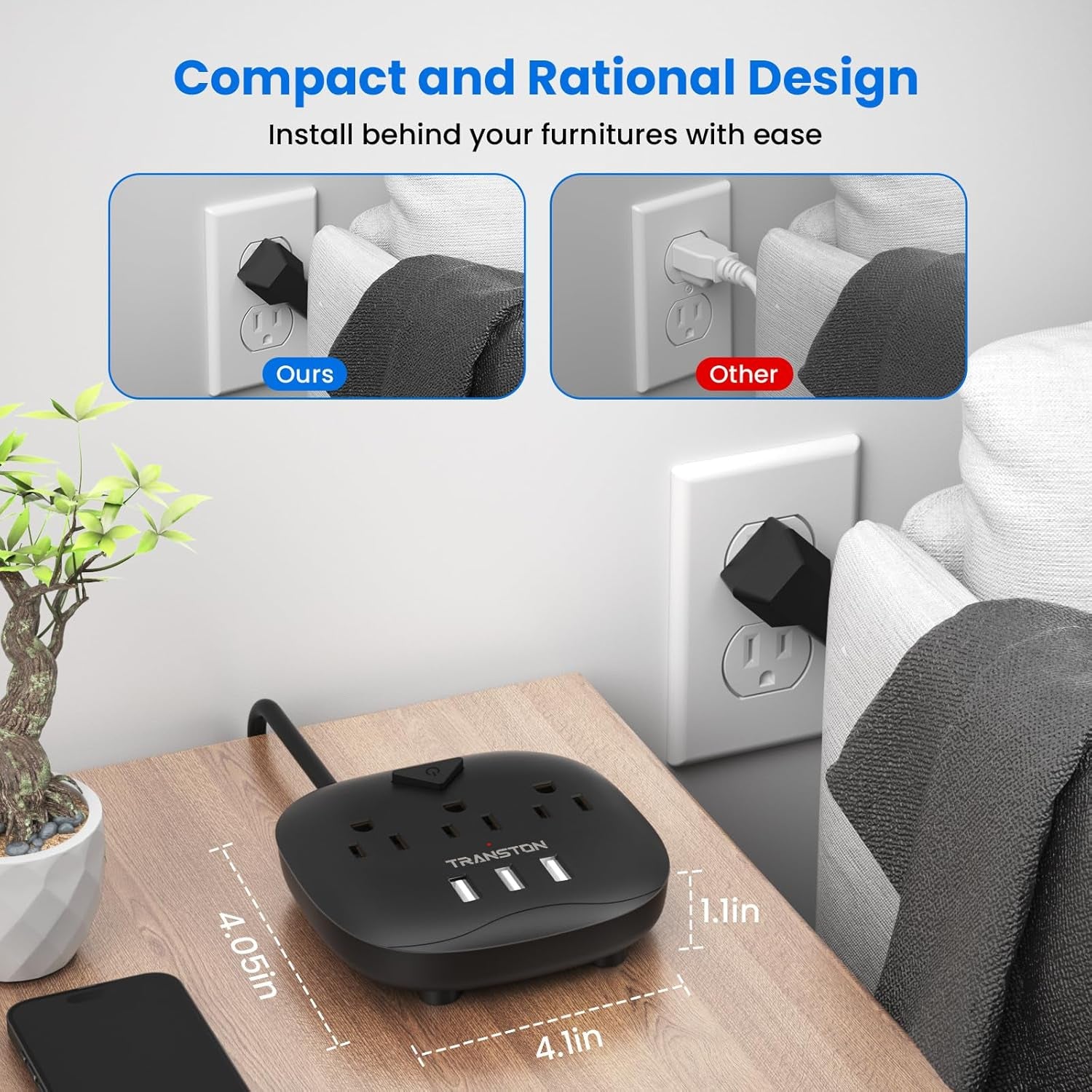 Power Strip 3 Outlets and 3 USB Ports with Switch Control, Desktop Charging Station with 5 Ft Extension Cord, Compact for Nightstand, Office and Travel - Black