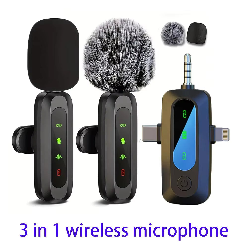 3 in 1 Lavalier Microphone Wireless Mini Mic for Phone/Tablet/Pc Video Recording Clip-On 2 Mics for Vlog Podcast Content Creator