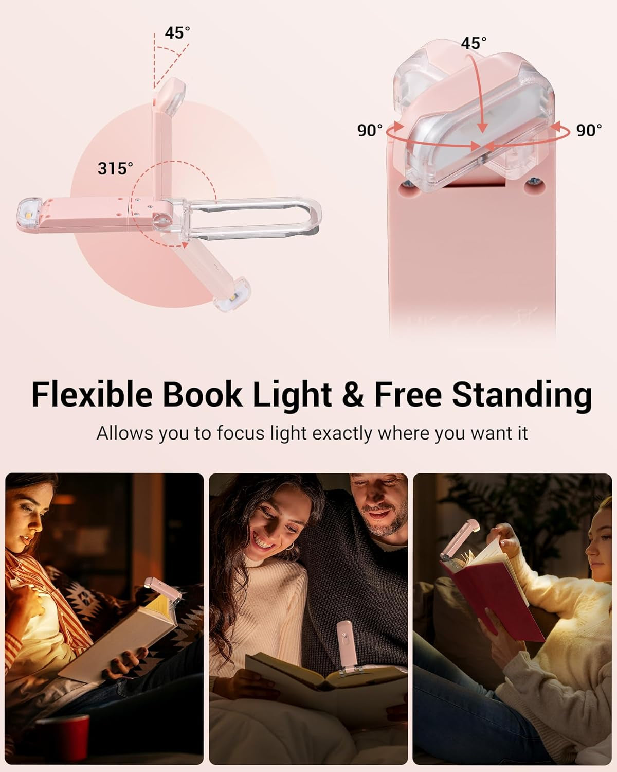 USB Rechargeable Book Light for Reading in Bed, Clip-On LED Reading Lamps Portable Bookmark Lights for Kids, Book Lovers, 4 Brightness Adjustable for Eye Protection (Light Pink)
